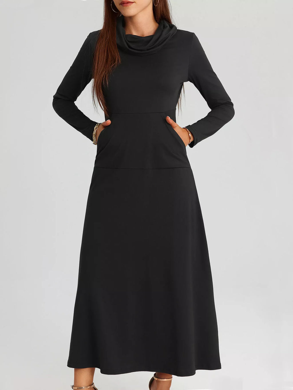 Cowl Neck Long Sleeve Midi Dress