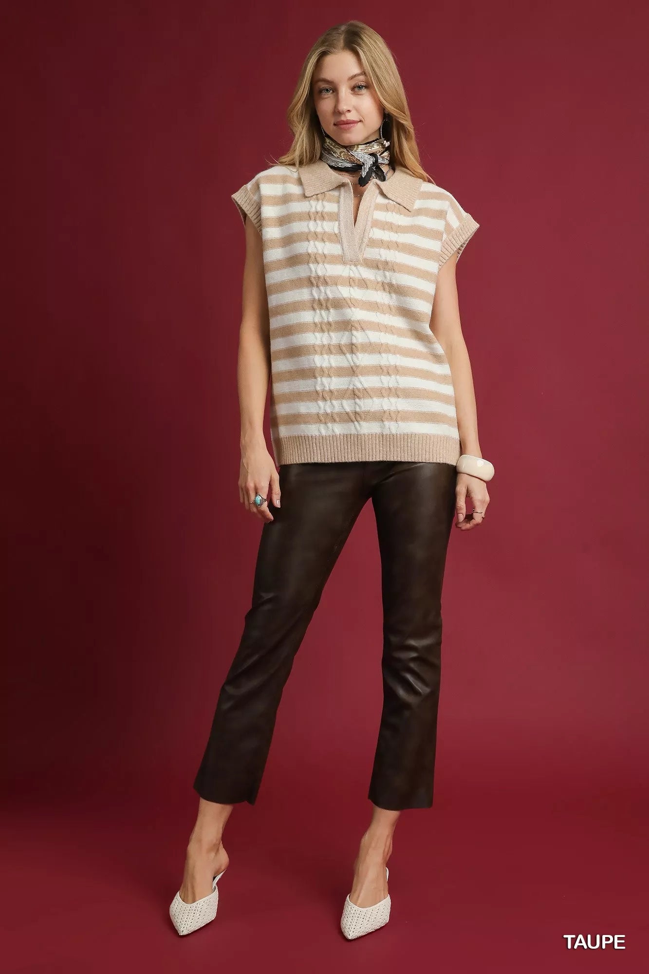 Umgee Cable Knit Collared Striped Vest Sweater