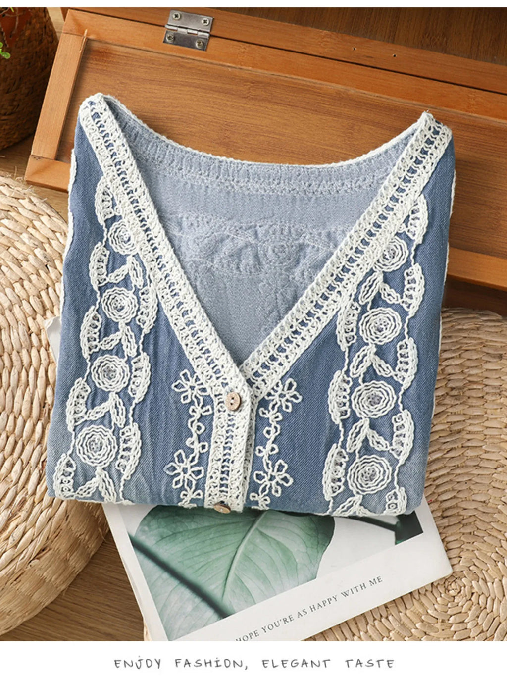 Embroidered Button Up V-Neck Vest Coat