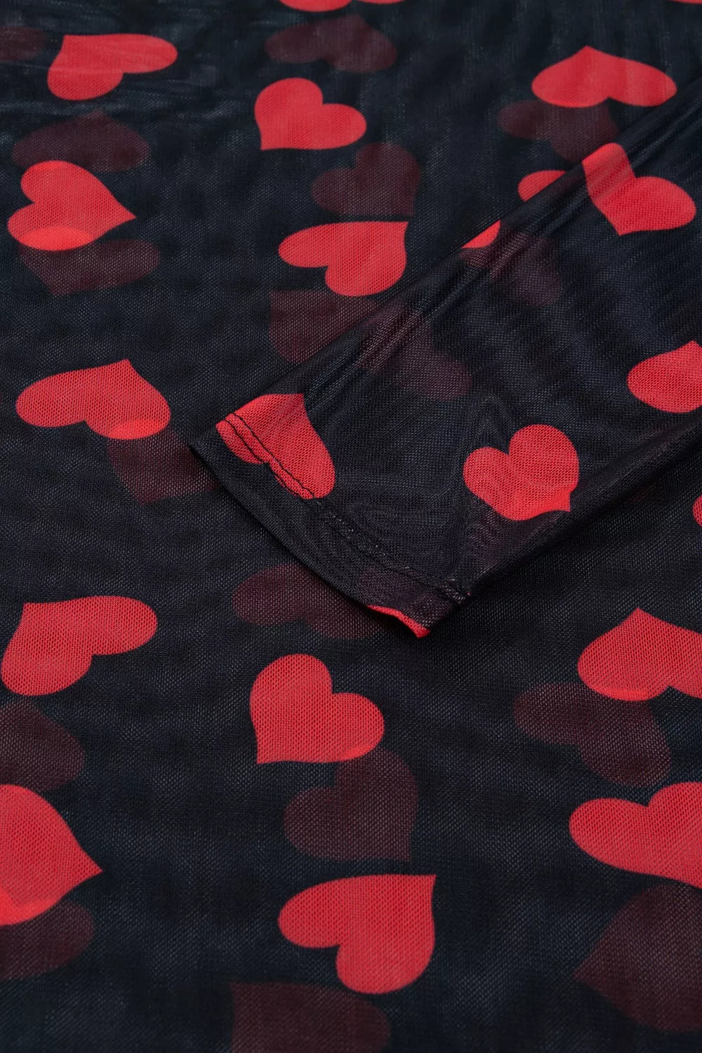 Valentines Heart Printed Sheer Mesh Long Sleeve Top