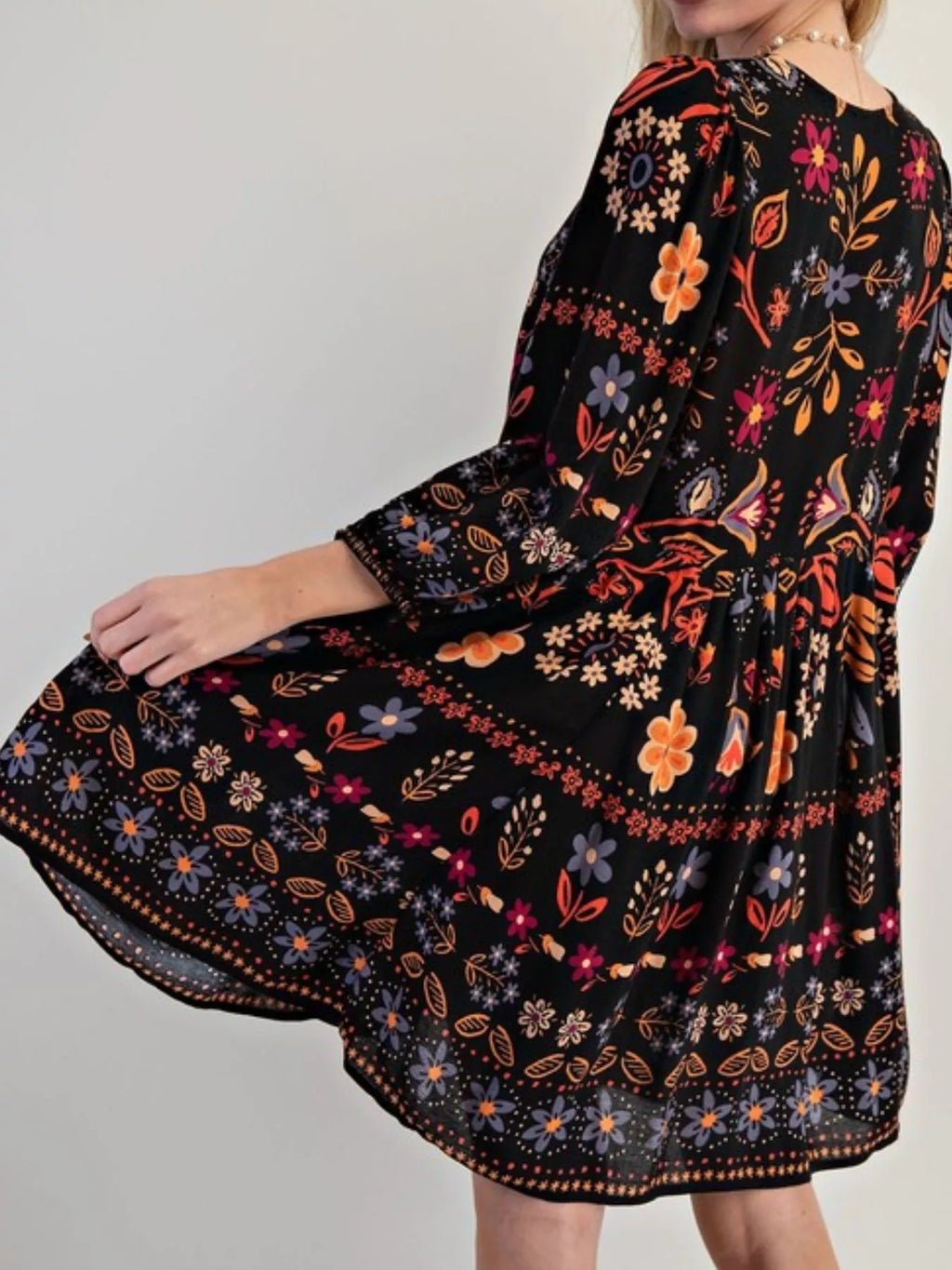 Bohemian Floral Print Long Sleeve Mini Dress