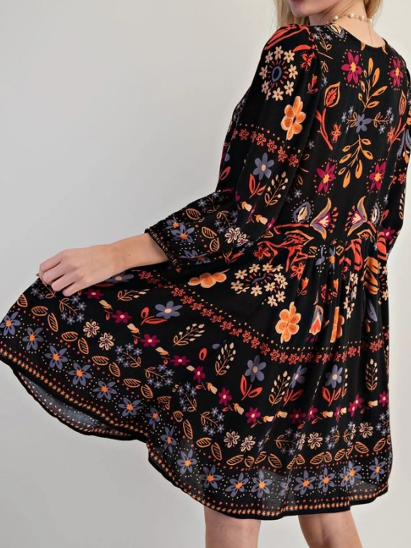 Bohemian Floral Print Long Sleeve Mini Dress