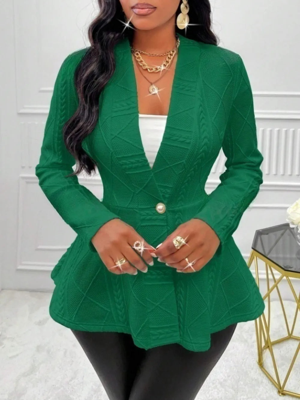 One Button Textured Peplum Cardigan