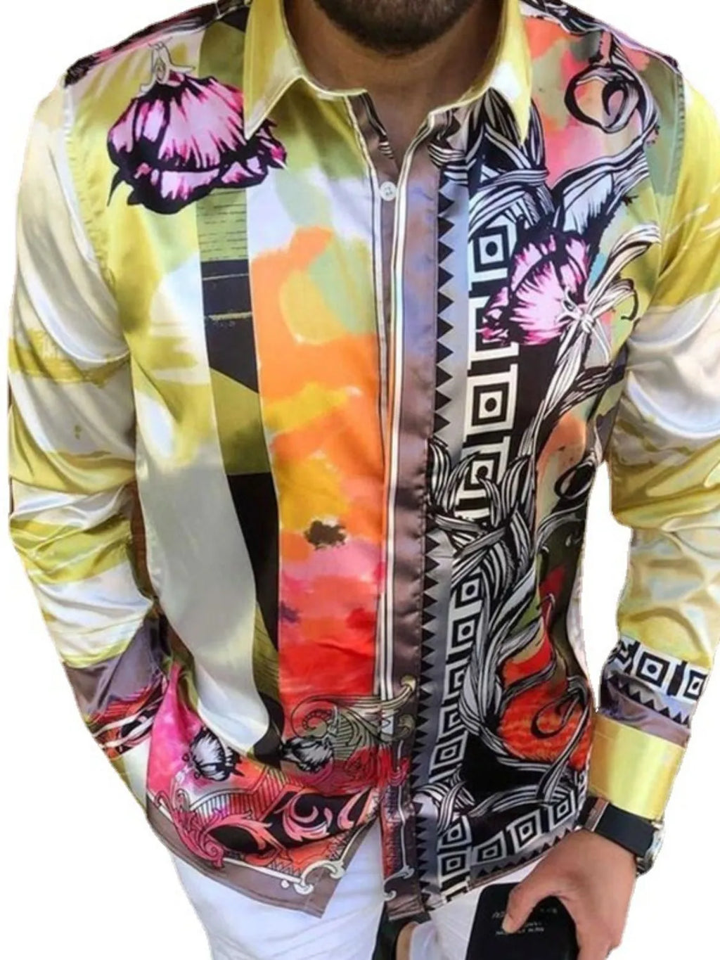 Men's Plus Size Printed Button Up Long Sleeve Shirt