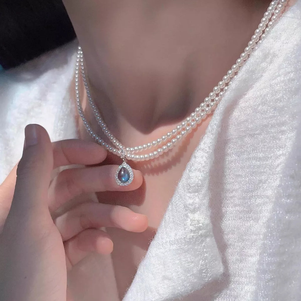 Double Layered Pearl Necklace with Teardrop Pendant