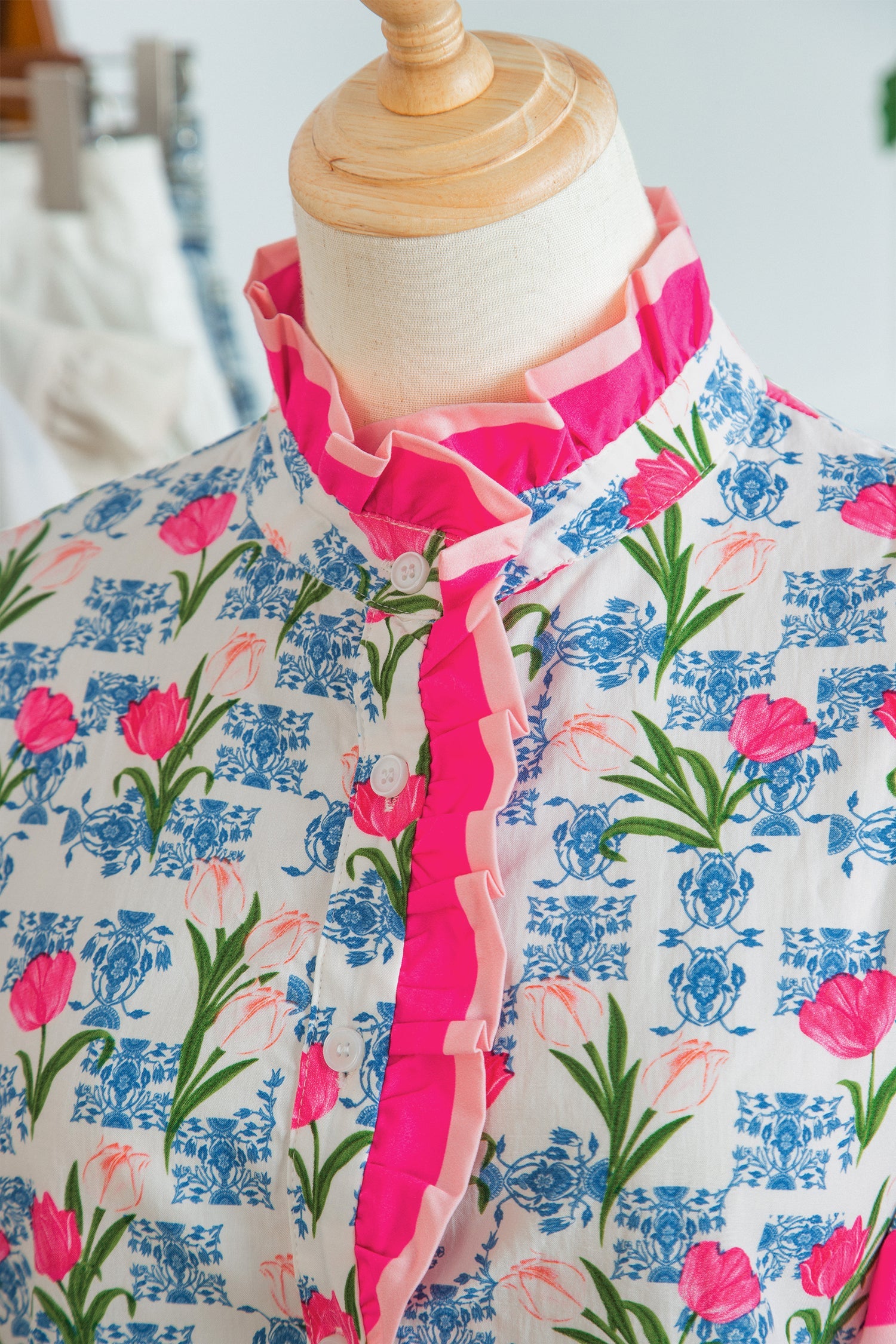Floral Colorblock Flutter Sleeve Half Button Blouse