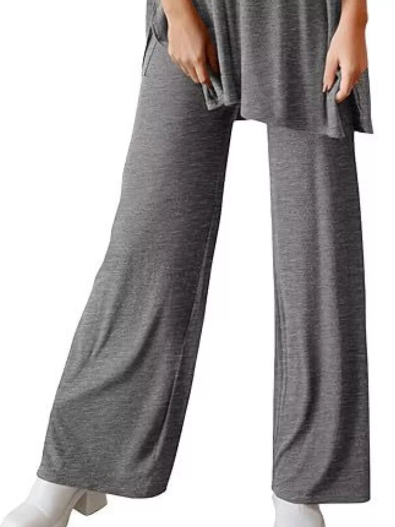 Slit Round Neck Top and Pants Set