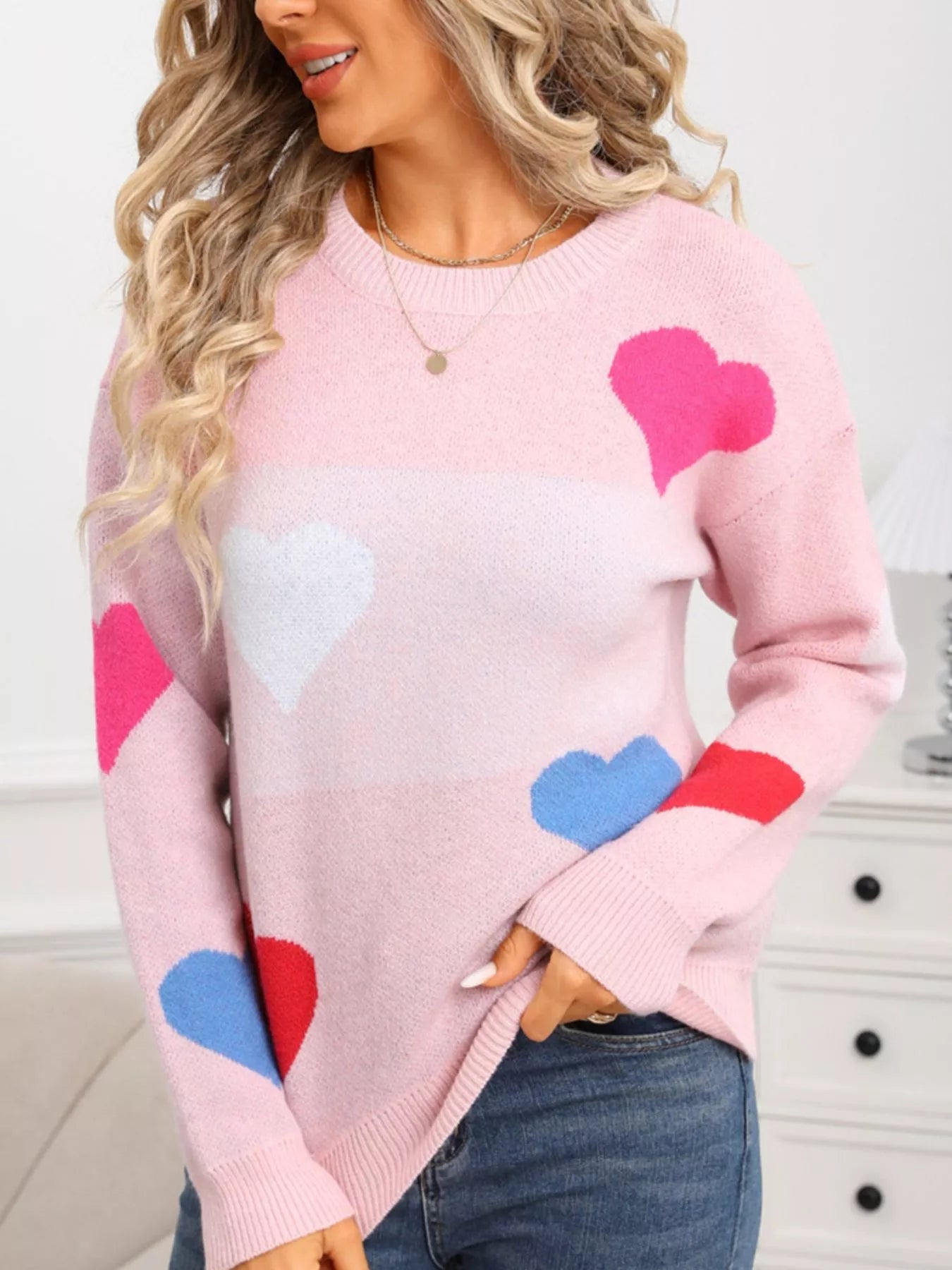 Valentine's Day Heart Round Neck Dropped Shoulder Sweater