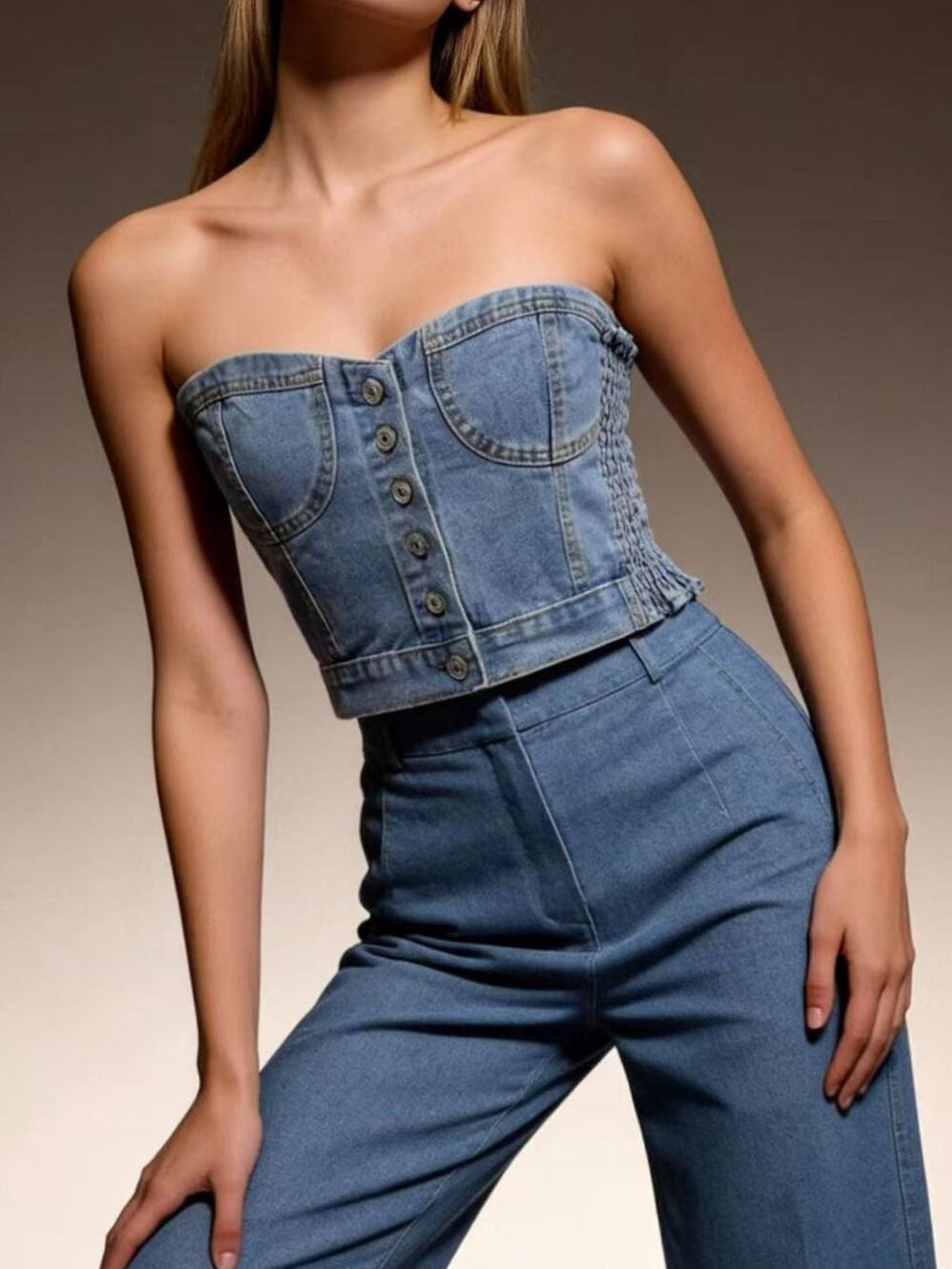 Button-Front Denim Tube Top