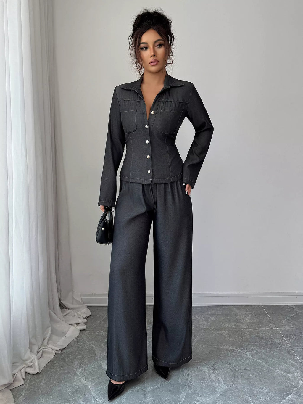 Button-Up Shirt & Wide Leg Pants Set