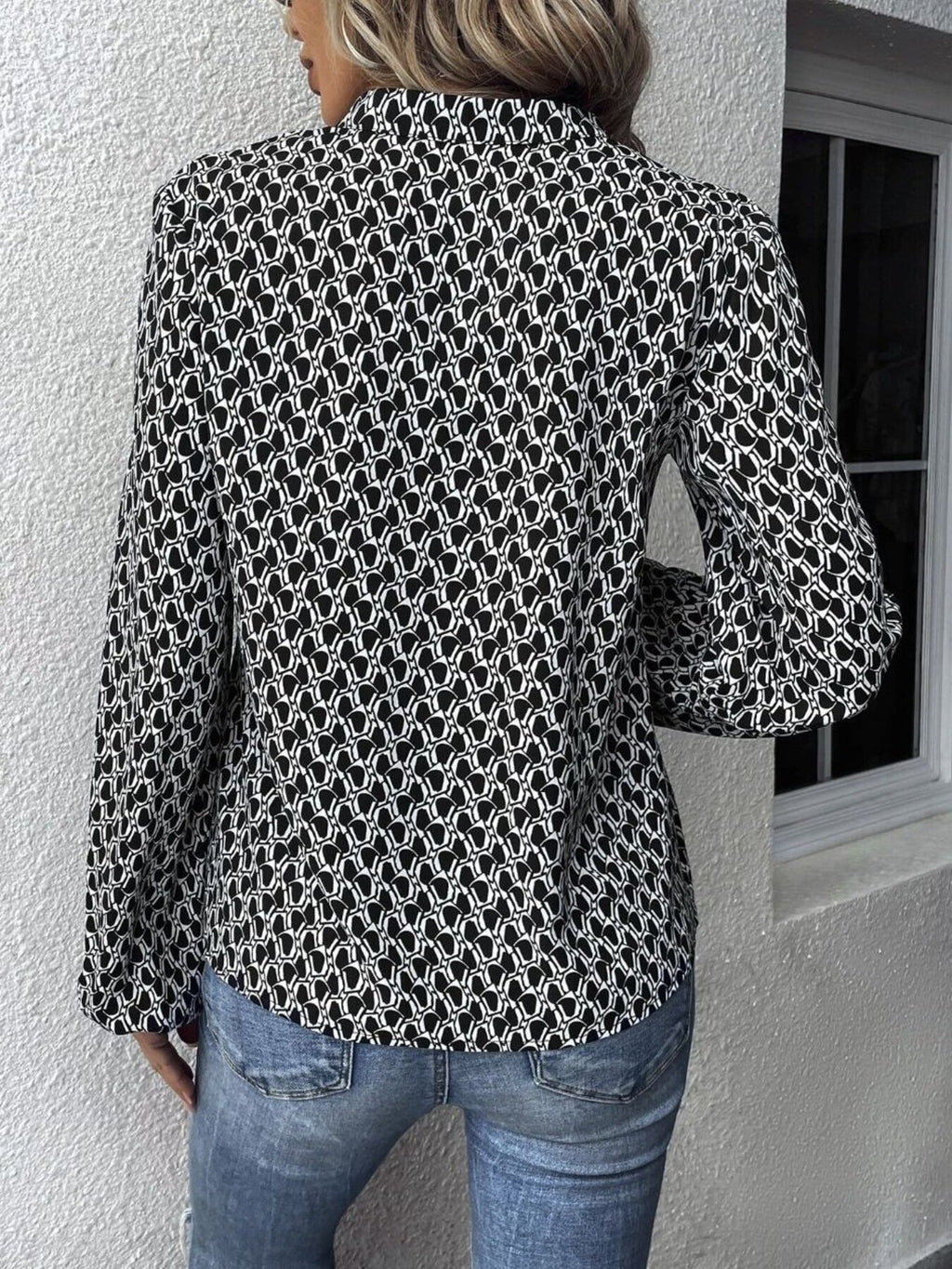 Printed Notched Balloon Sleeve Blouse