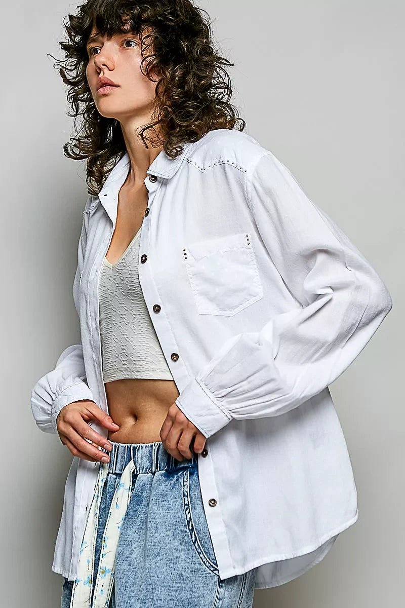 POL Washed Textured Cotton Western Button Front Shirt