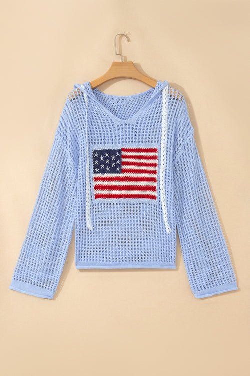 American Flag Patched Crochet Knit Hoodie