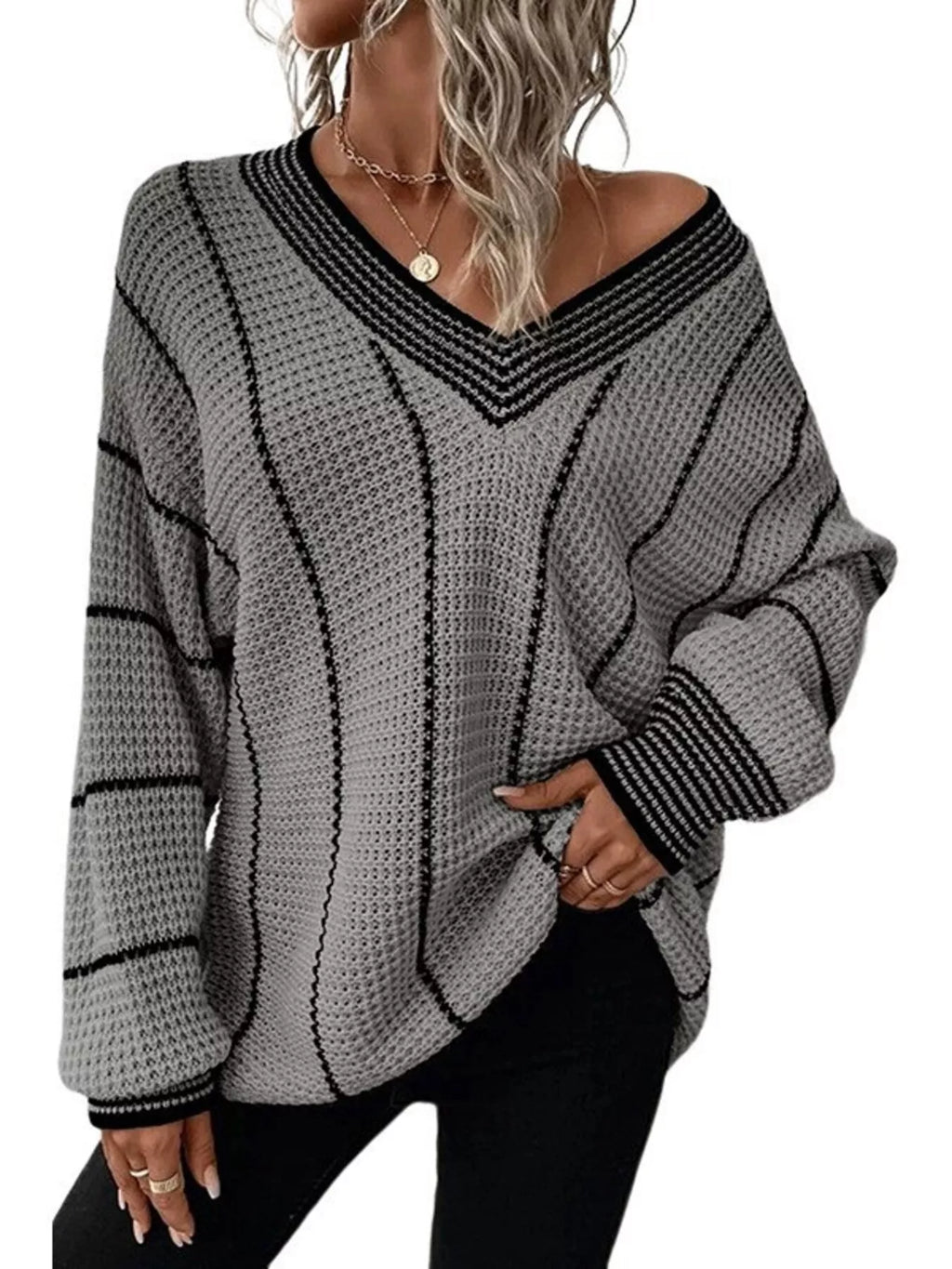 Full Size V-Neck Textured Knit Sweater Plus Size