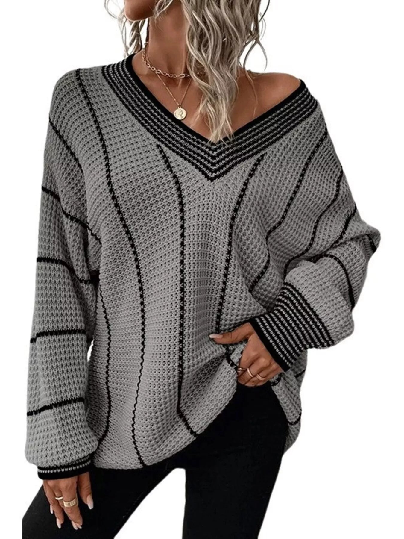 Full Size V-Neck Textured Knit Sweater Plus Size