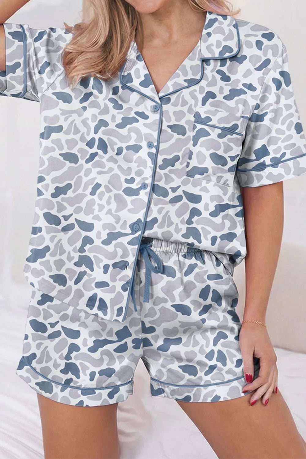 Camouflage Print Lapel Shirt Drawstring 2pcs Short Pajama Set