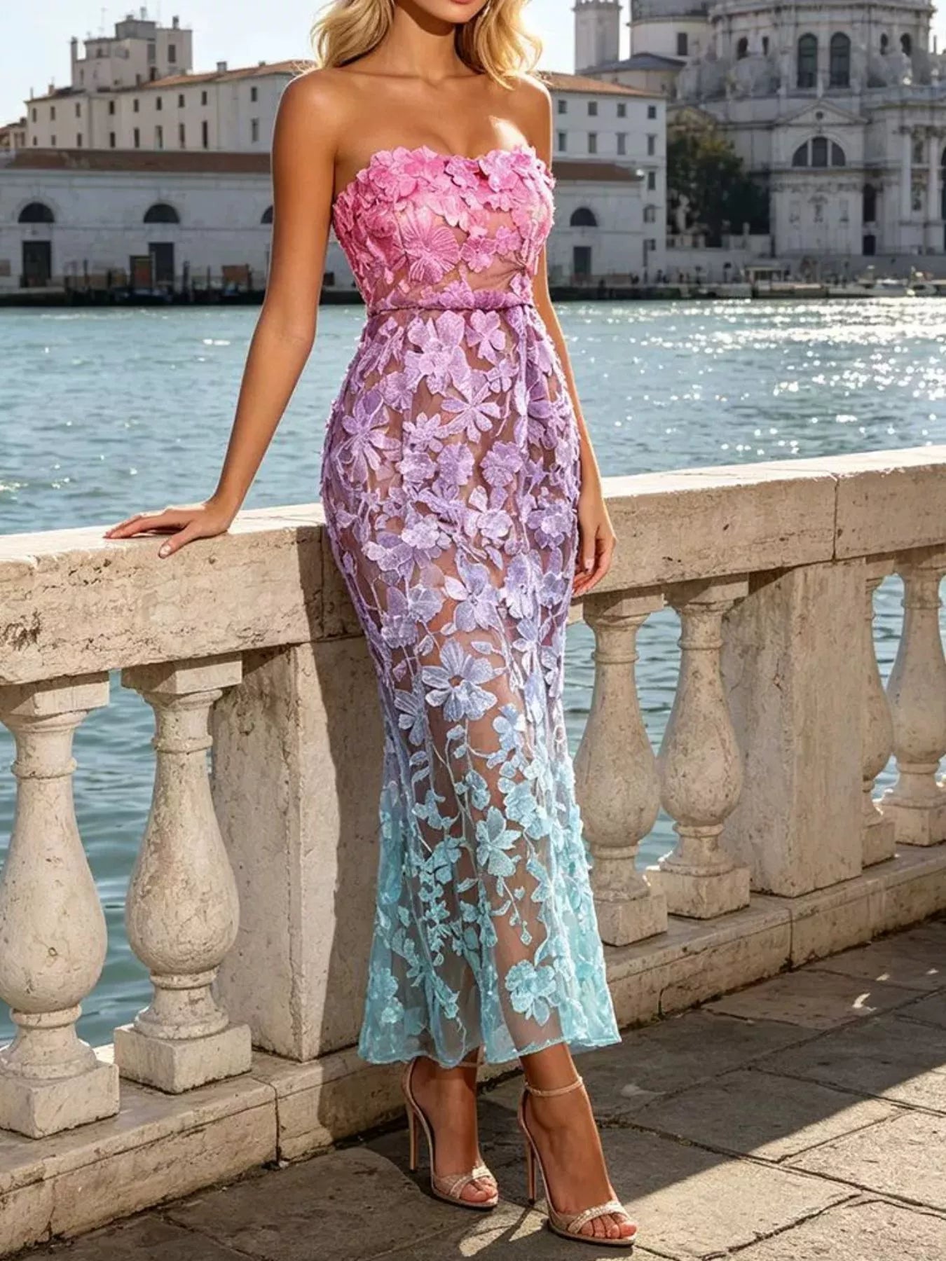 Floral Embroidered Tube Maxi Dress