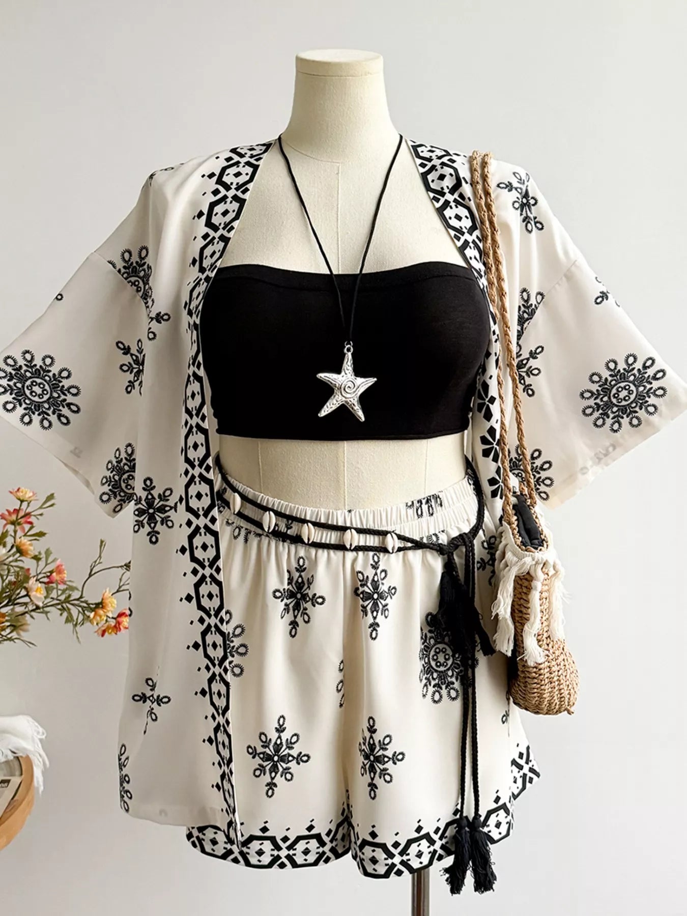 Plus Size Printed Open Front Cardigan and Shorts Set