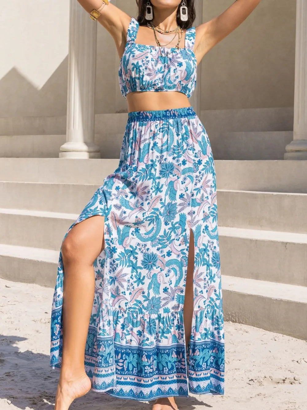 Square Neck Wide Strap Top and Skirt Set