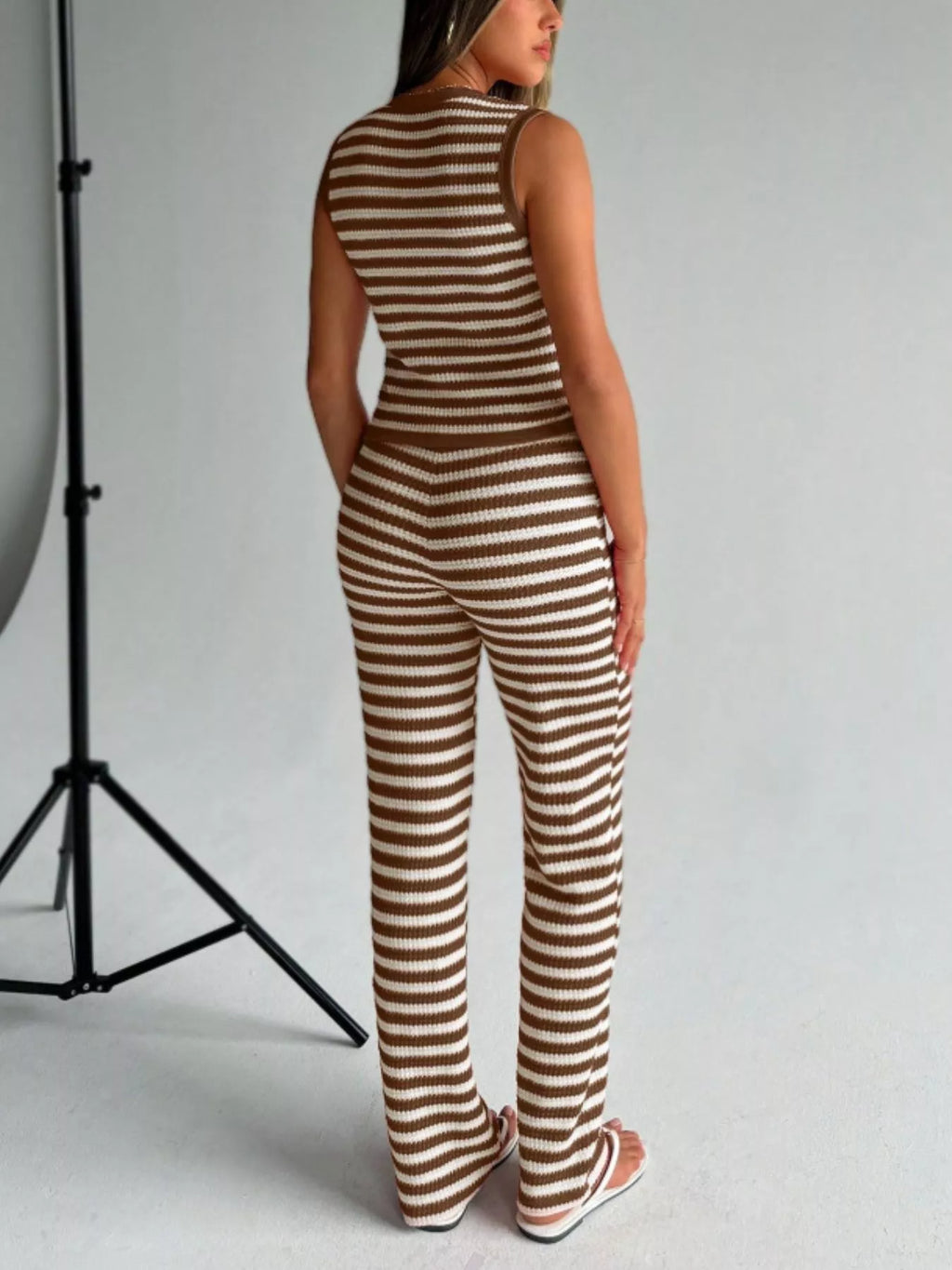 Striped Knit V-Neck Button-Up Sleeveless Top and Flare Pants Set
