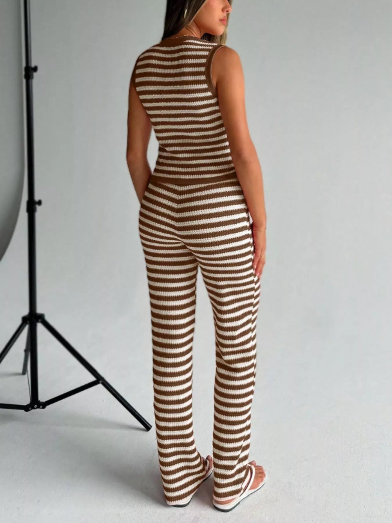 Striped Knit V-Neck Button-Up Sleeveless Top and Flare Pants Set