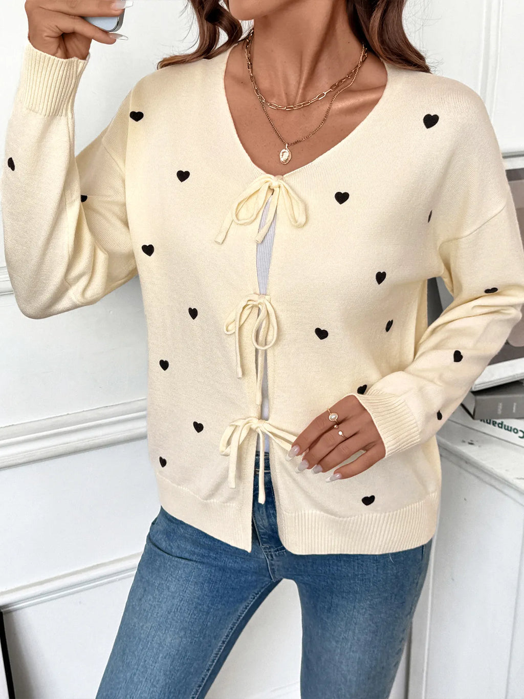 Heart Tie-Front Long Sleeve Cardigan