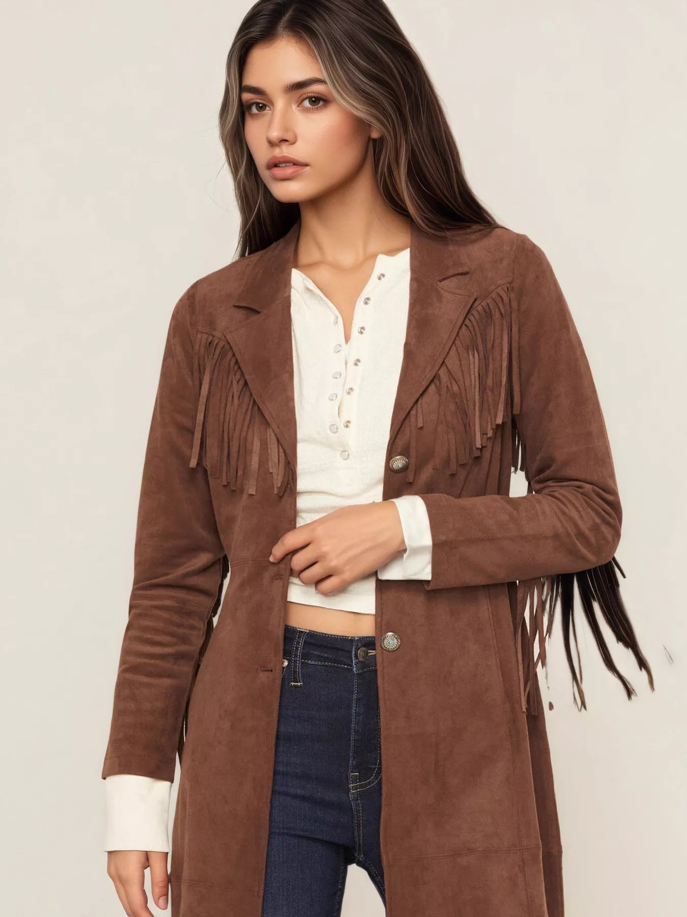 Fringe Lapel Collar Long Sleeve Coat