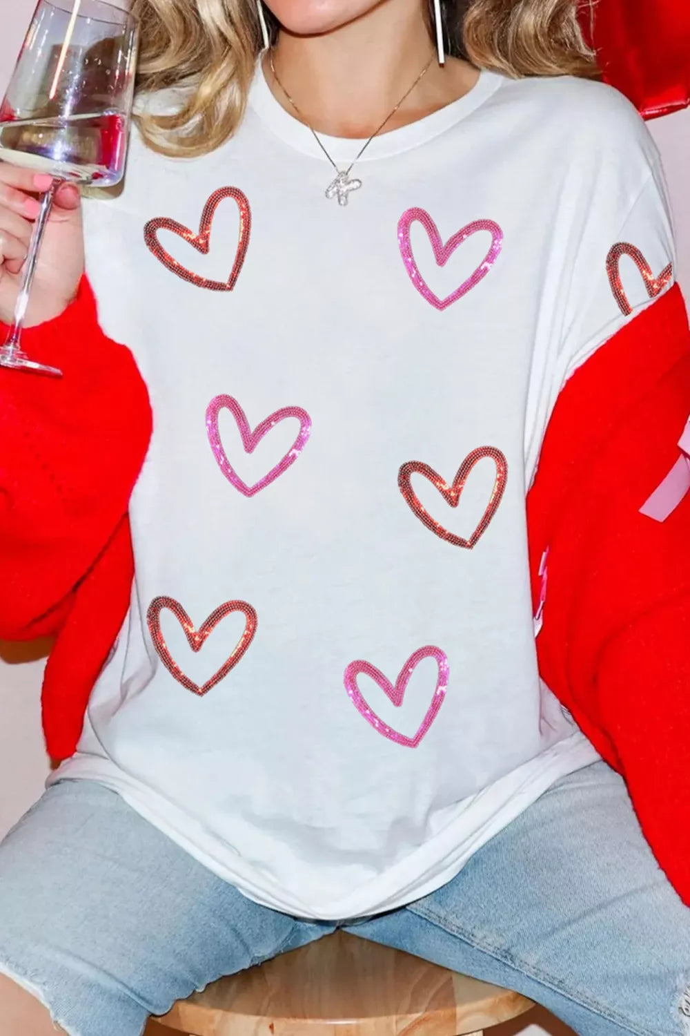 Sequin Heart Short Sleeve Casual Tee