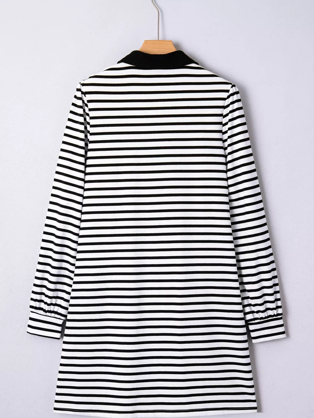 Stripe Buttoned Front Collared Long Sleeve T Shirt Dress with Pockets