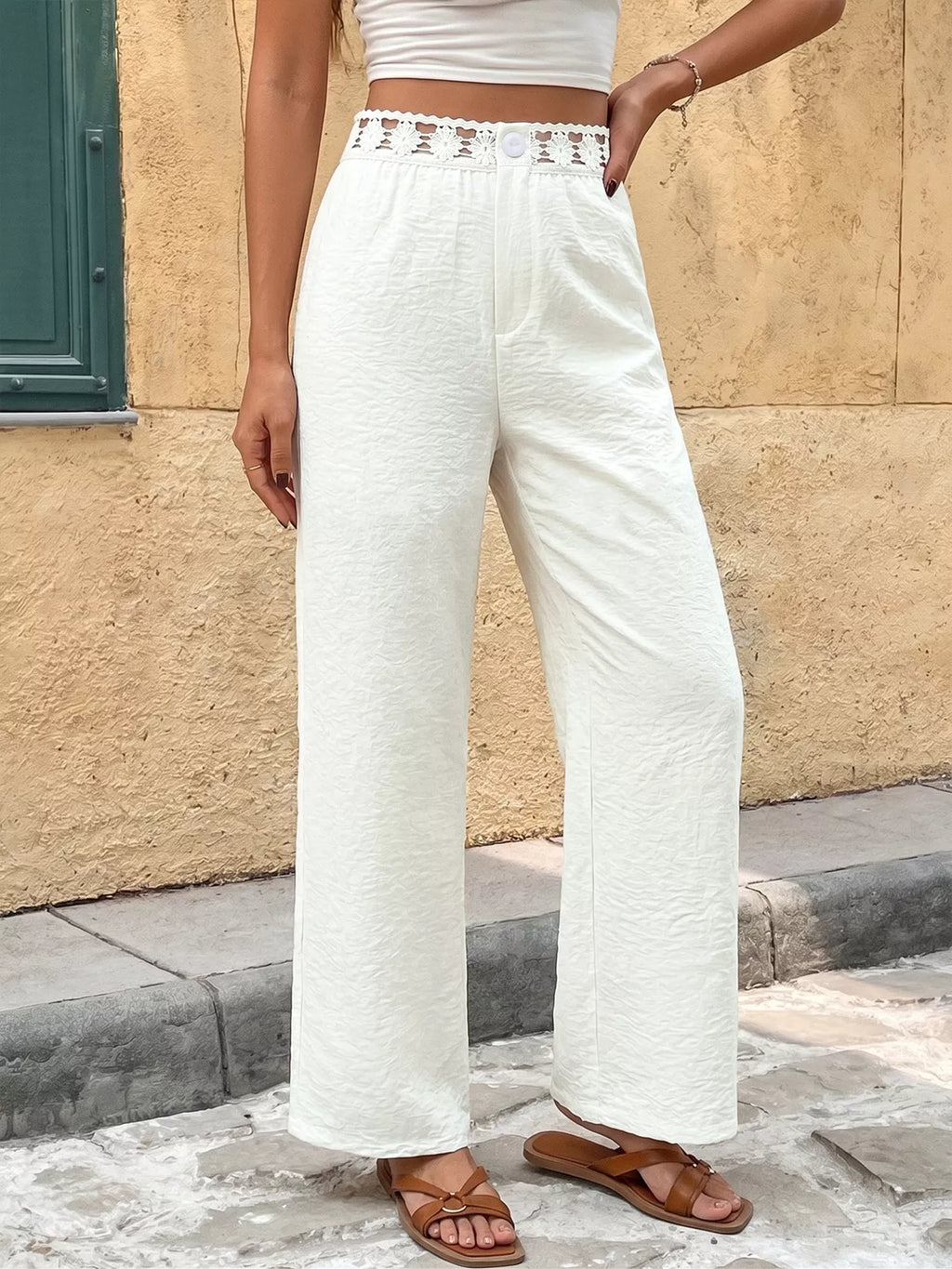 High Waist Wide Leg Pants with Crochet Trim