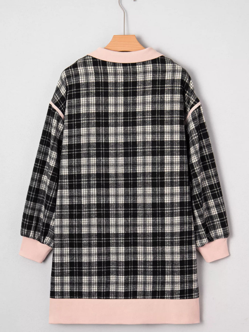Plaid Polo Collar Zip up Contrast Trim Shift Long Sleeve Mini Dress