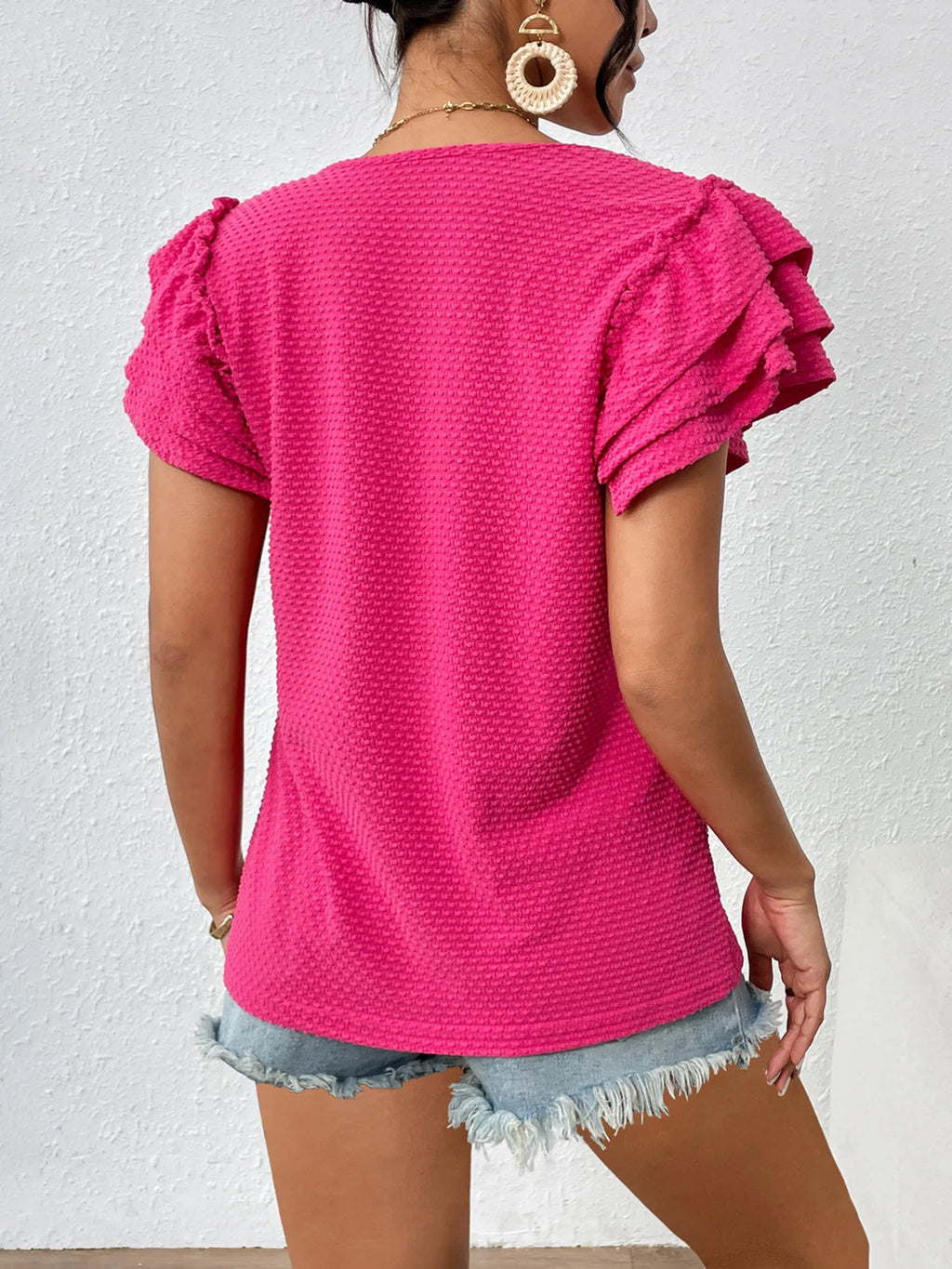 Round Neck Ruffle Sleeve T-Shirt