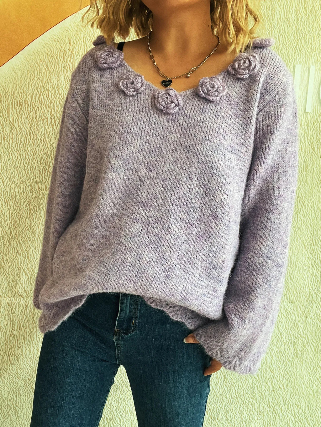 Flower V-Neck Long Sleeve Sweater