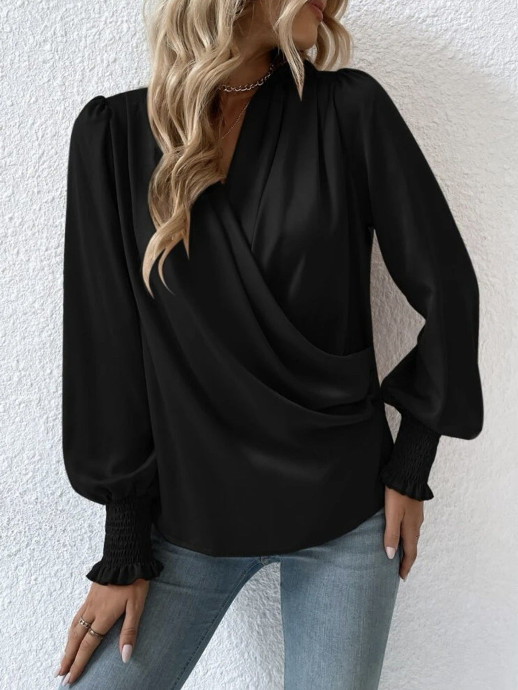 Ruched Surplice Long Sleeve Blouse