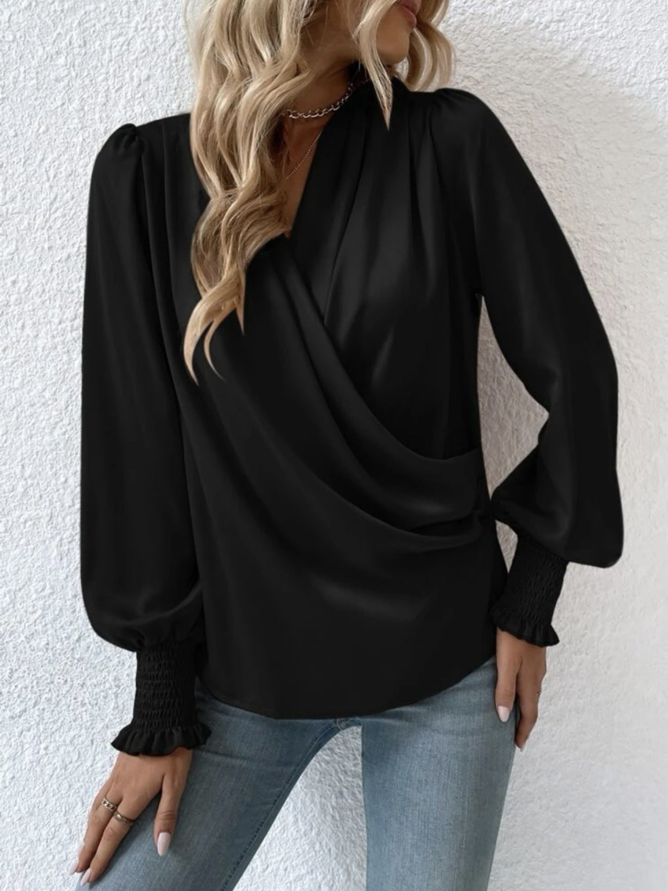 Ruched Surplice Long Sleeve Blouse
