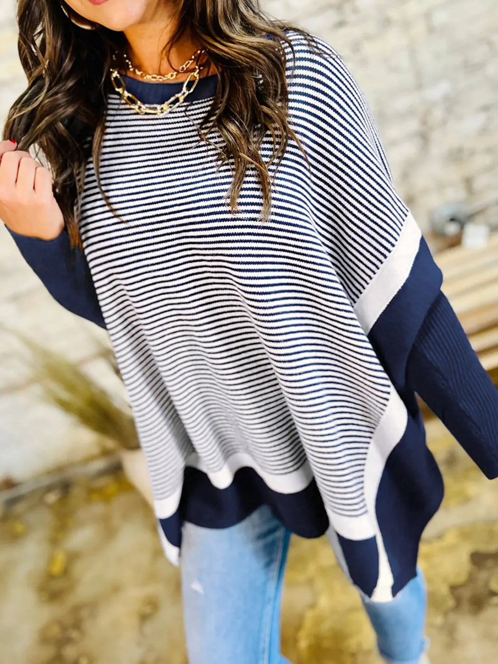 Stripe Dolman Oversize Tunic Sweater