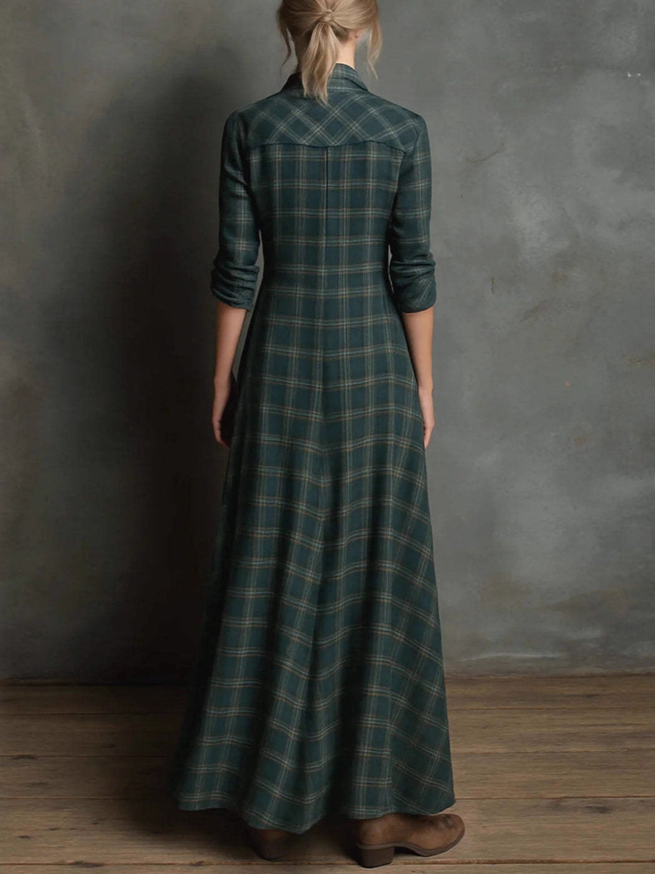 Plaid Long Sleeve Maxi Shirt Dress