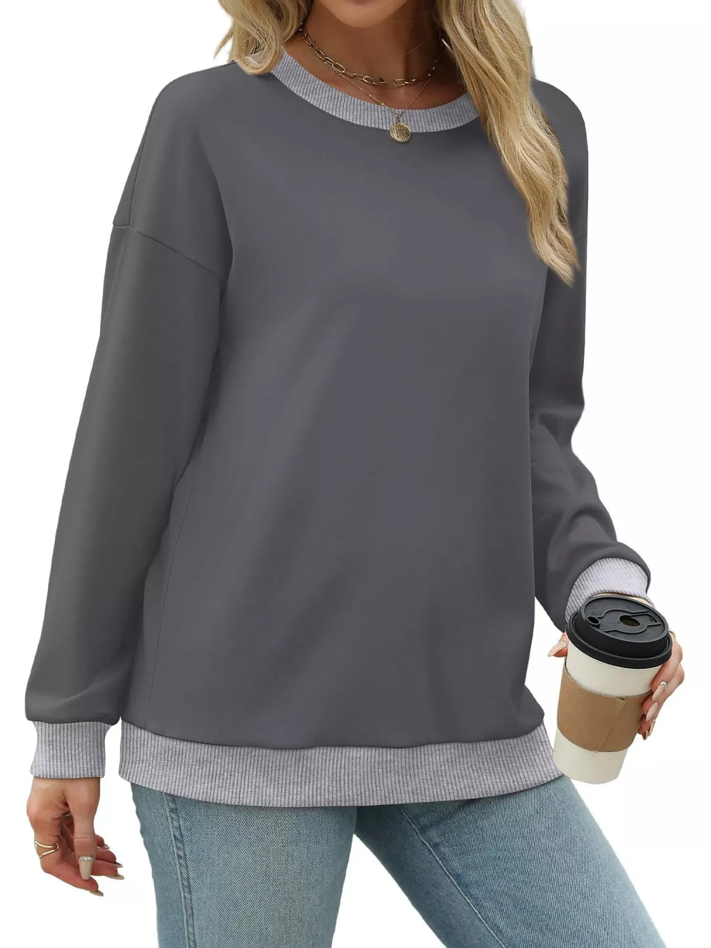 Contrast Trim Crew Neck Casual Sweatshirt