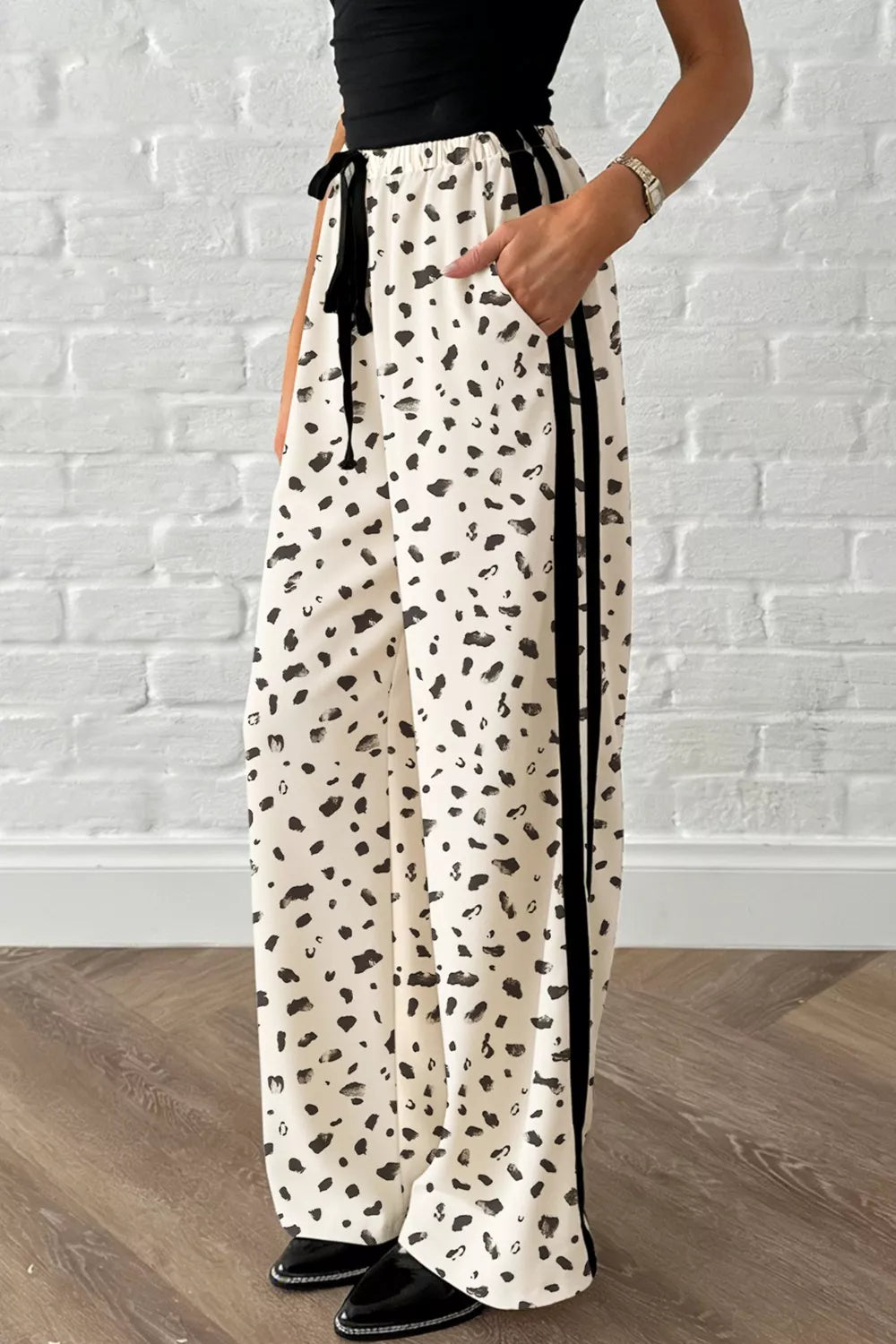Leopard Print Side Stripe Detail Loose Drawstring Pants