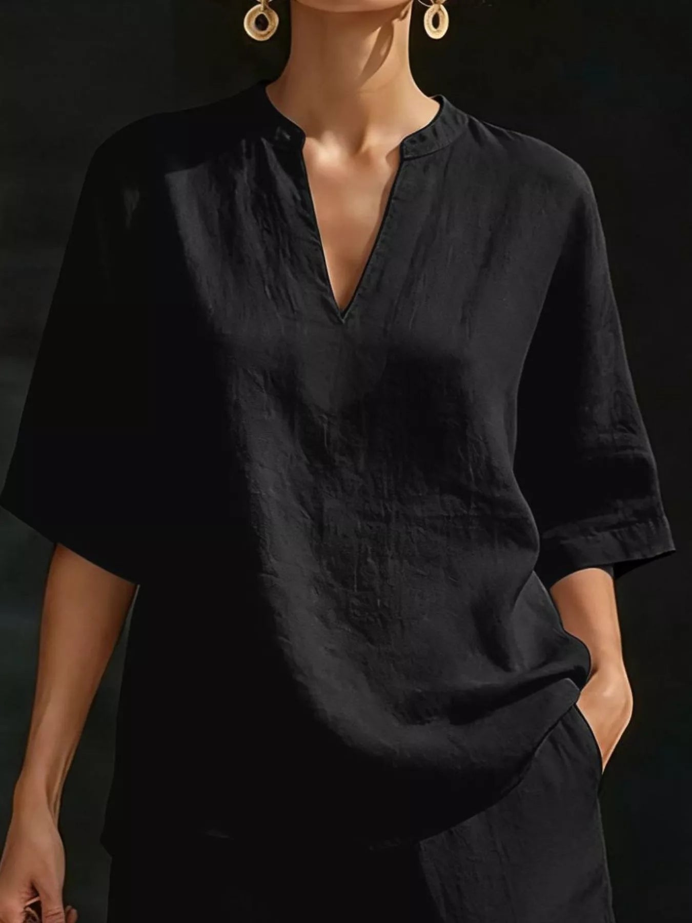 Full Size Notched Half Sleeve Top and Shorts Set Plus Size