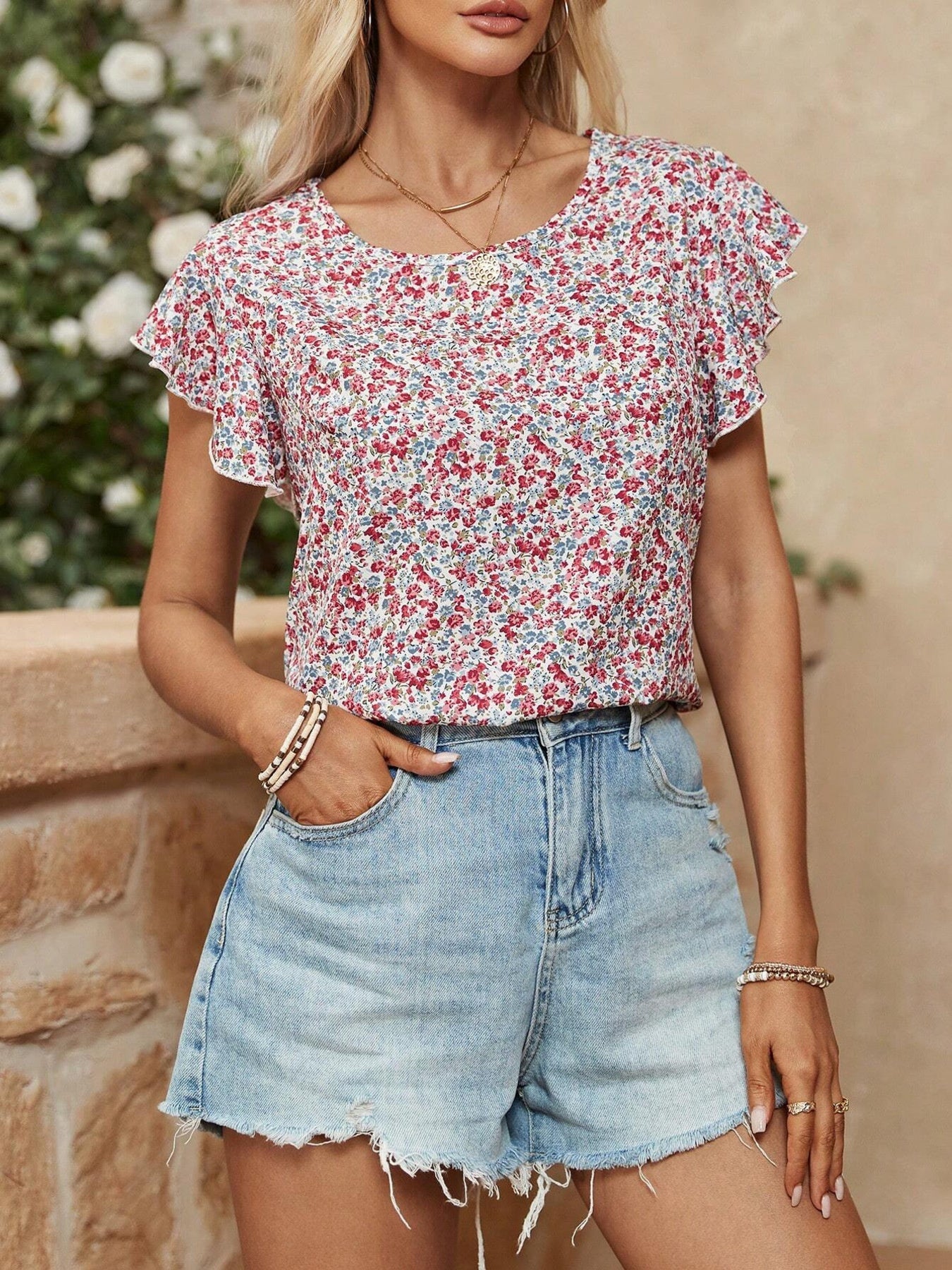 Floral Print Ruffle Sleeve Blouse