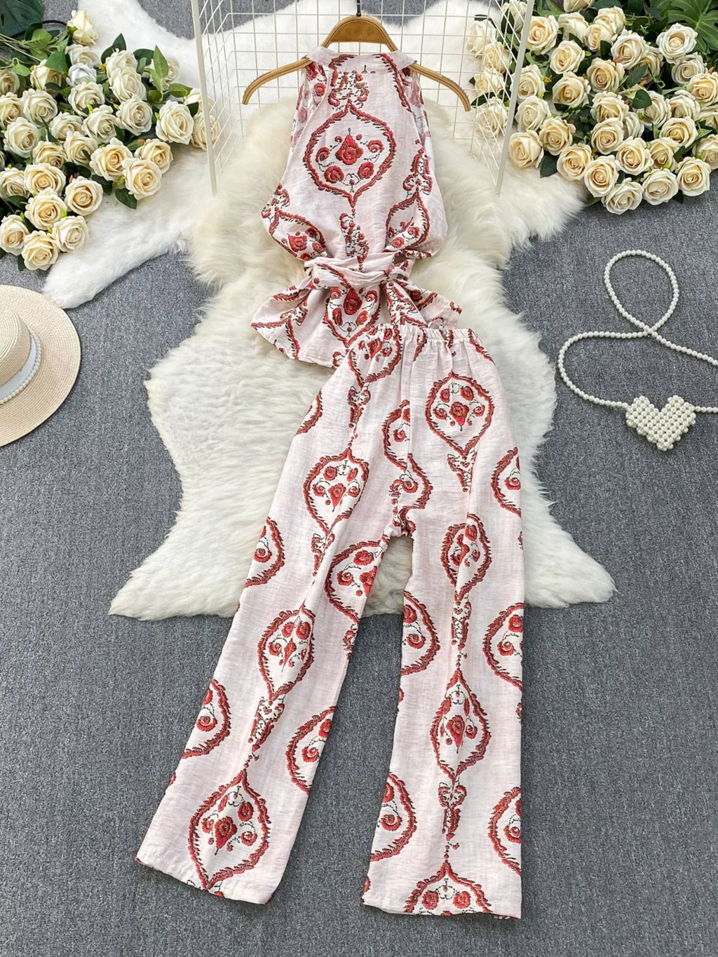 Printed Sleeveless Top and Wide Leg Pants Set