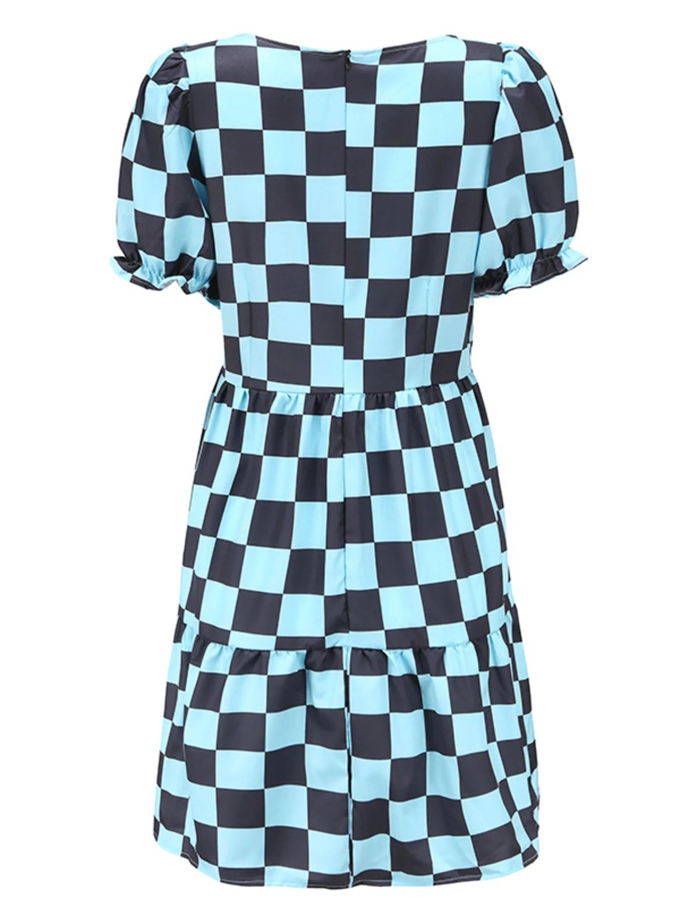 Checkered Short Sleeve Tiered Mini Dress