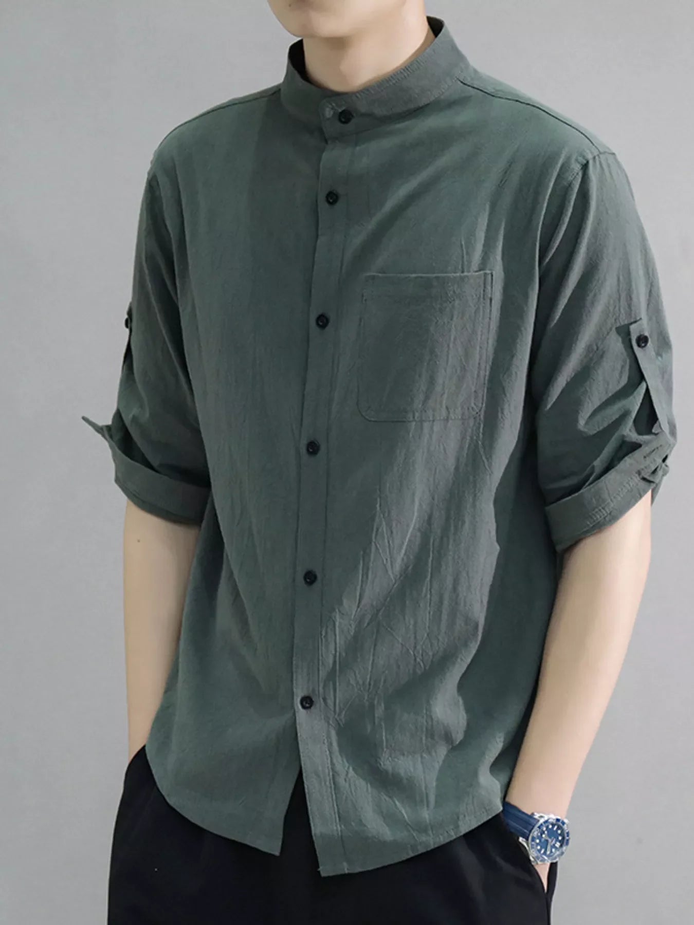 Men's Plus Size Button Up Roll-Up Sleeve Shirt