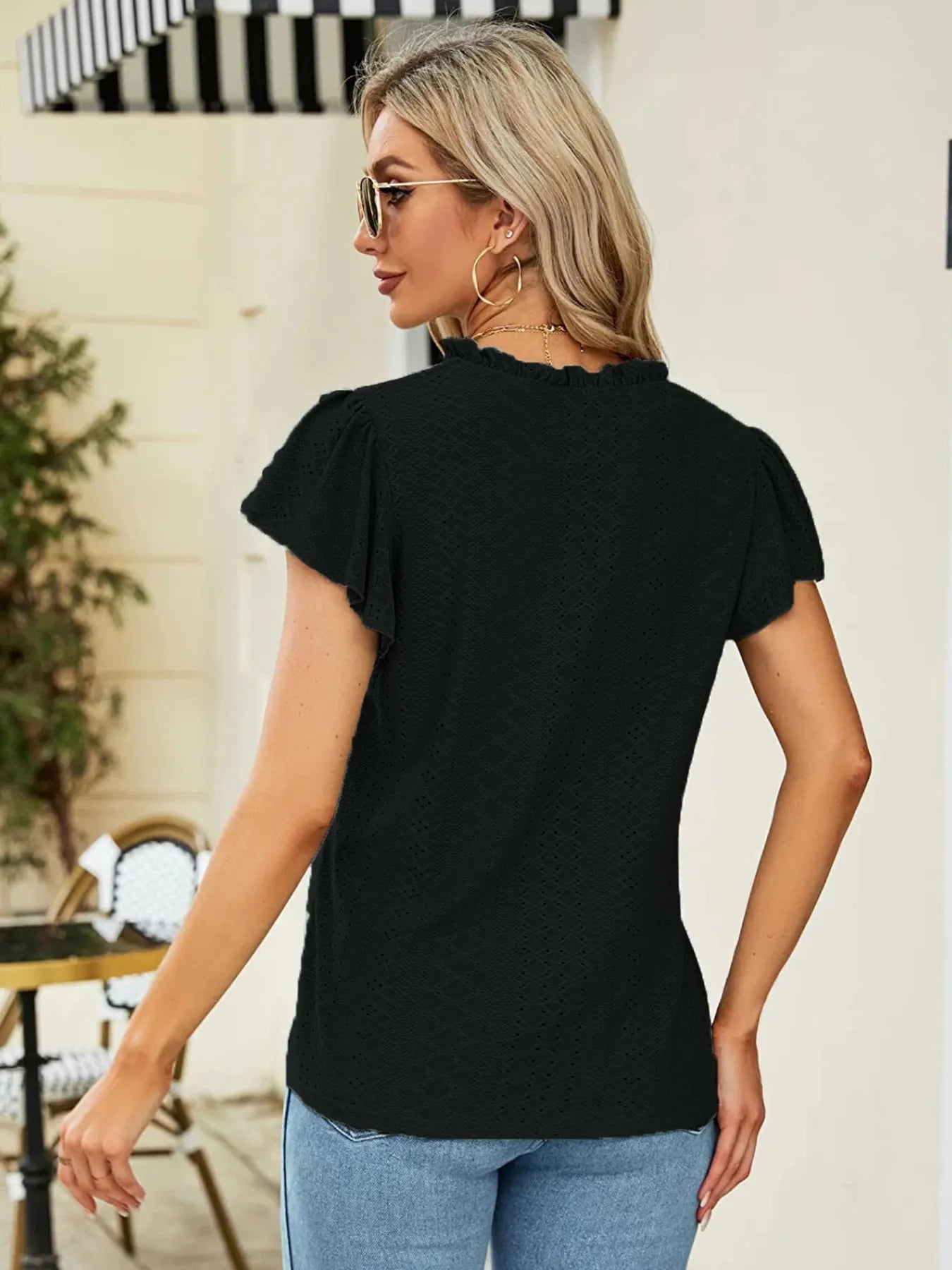 Eyelet Notched Short Sleeve T-Shirt
