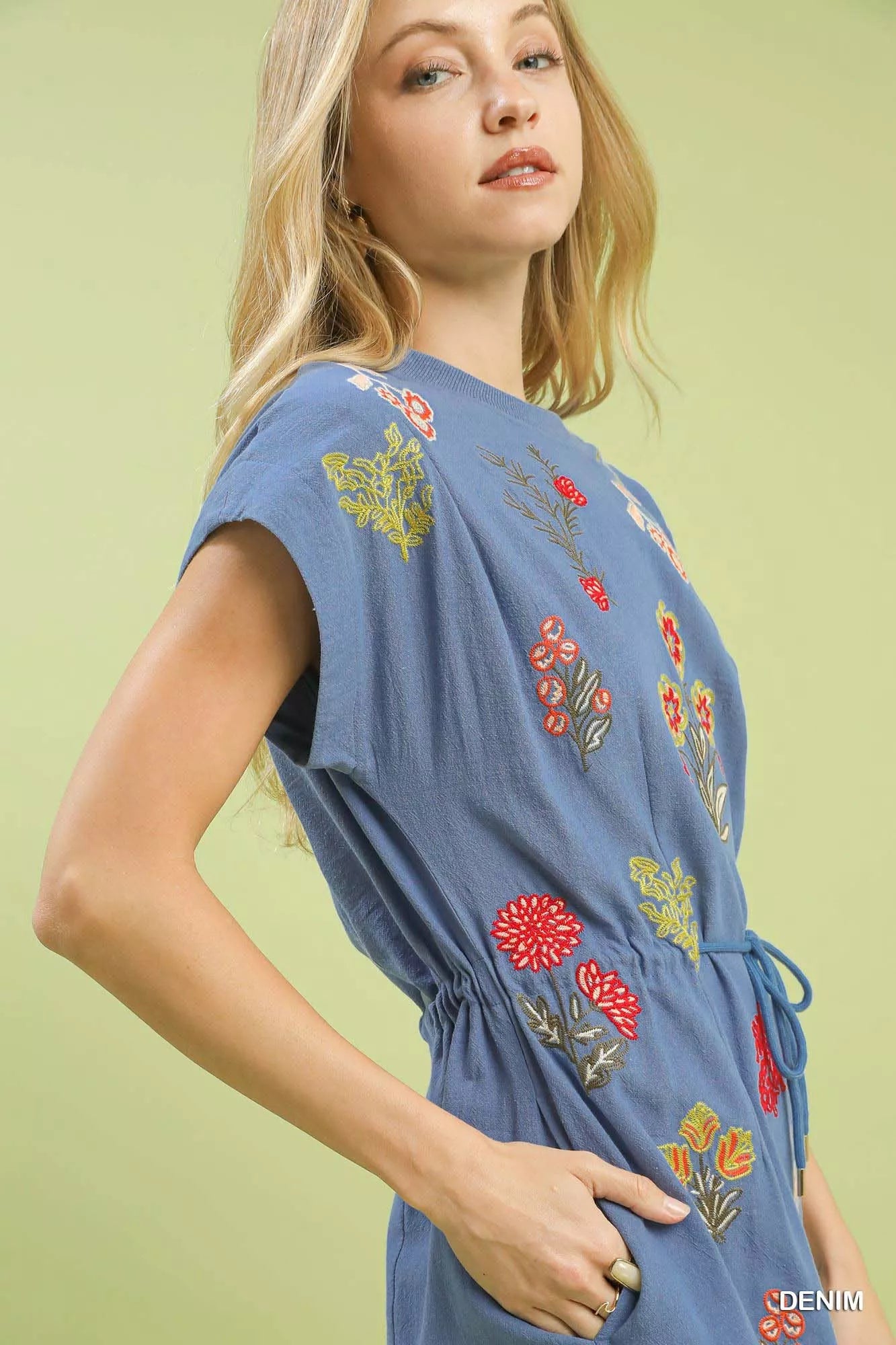 Umgee Embroidered Floral Mini Dress with Waist Tie