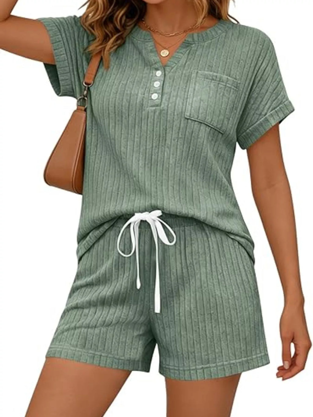 Casual Ribbed Knit Tee and Shorts Set