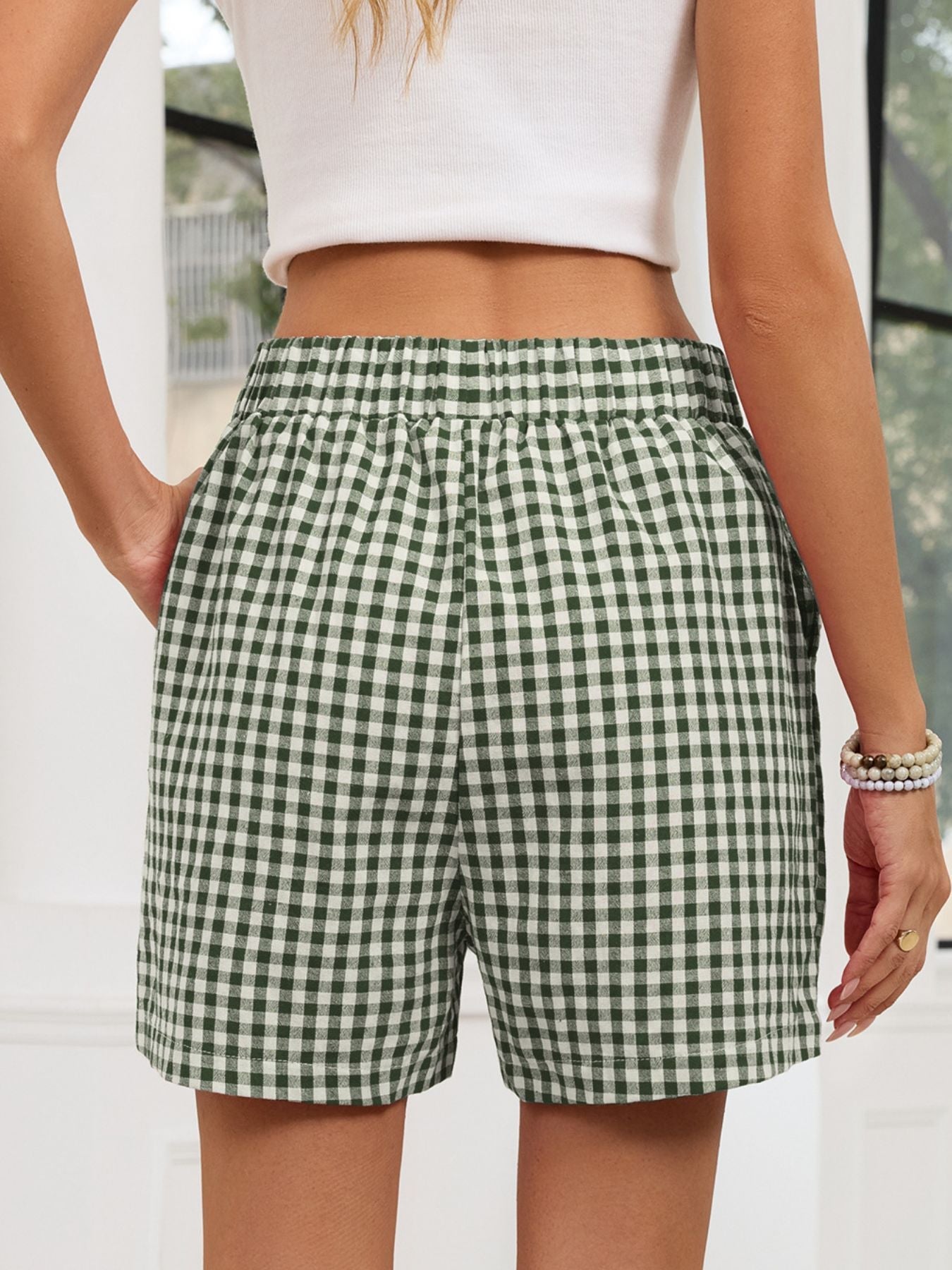 Gingham Elastic Waist Casual Shorts