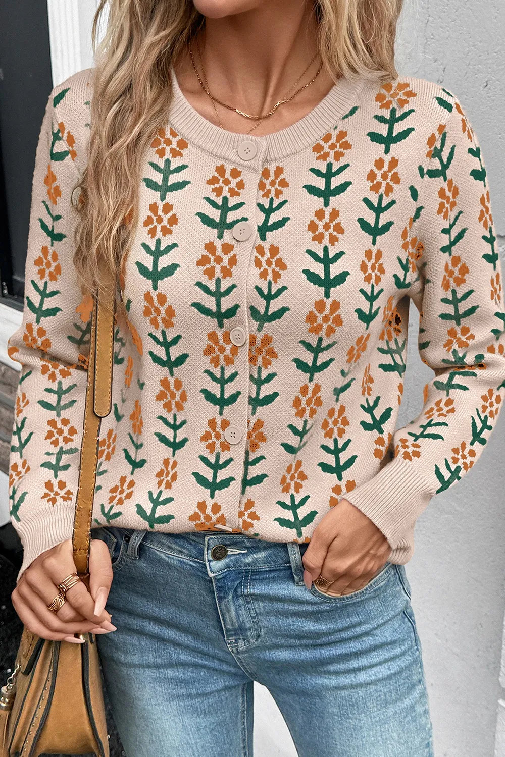 Floral Button-Up Knit Cardigan