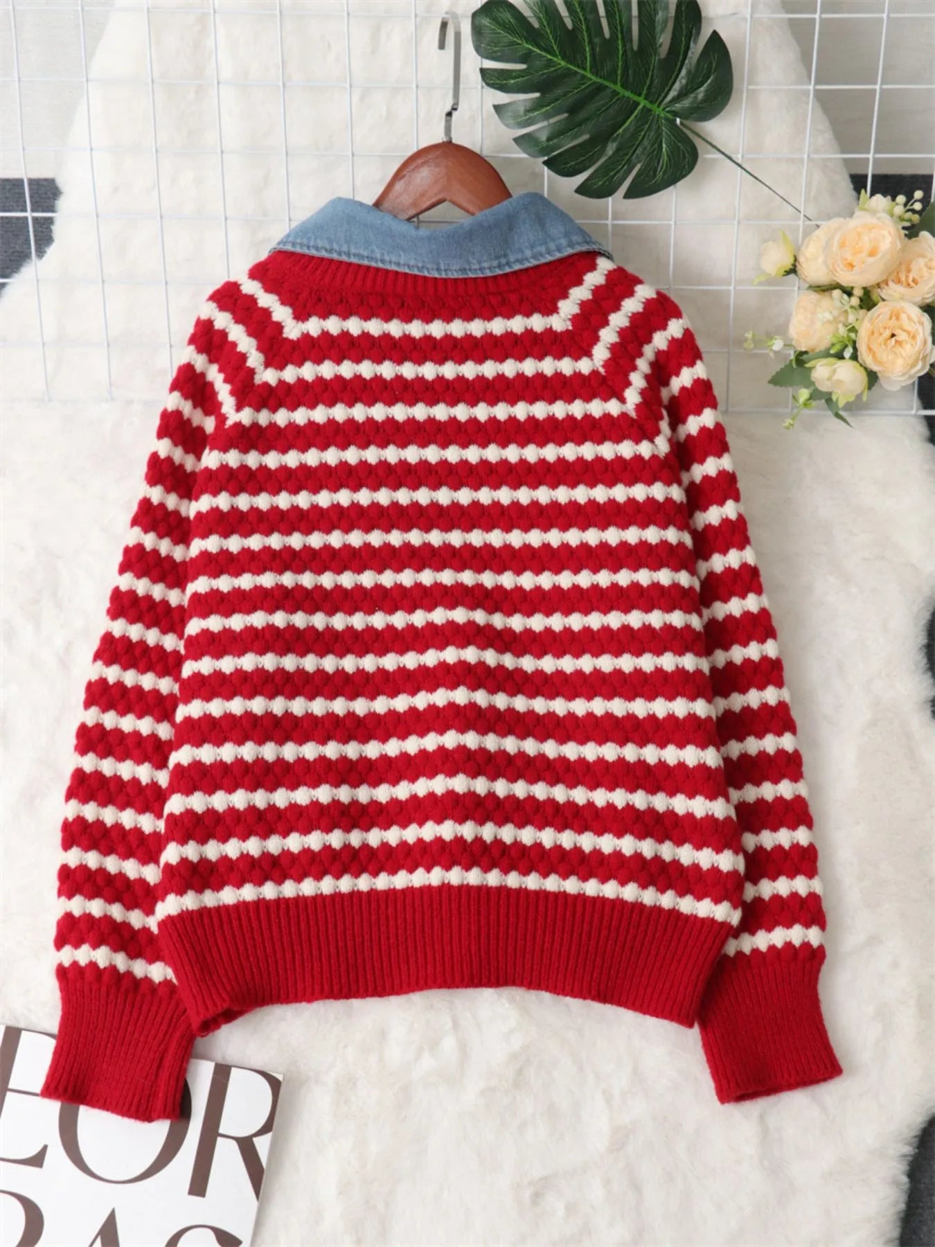 Contrast Striped Sweater with Denim Collar